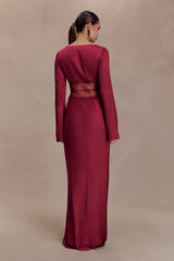 Kaya Long Sleeve Satin And Mesh Maxi Dress - Wine