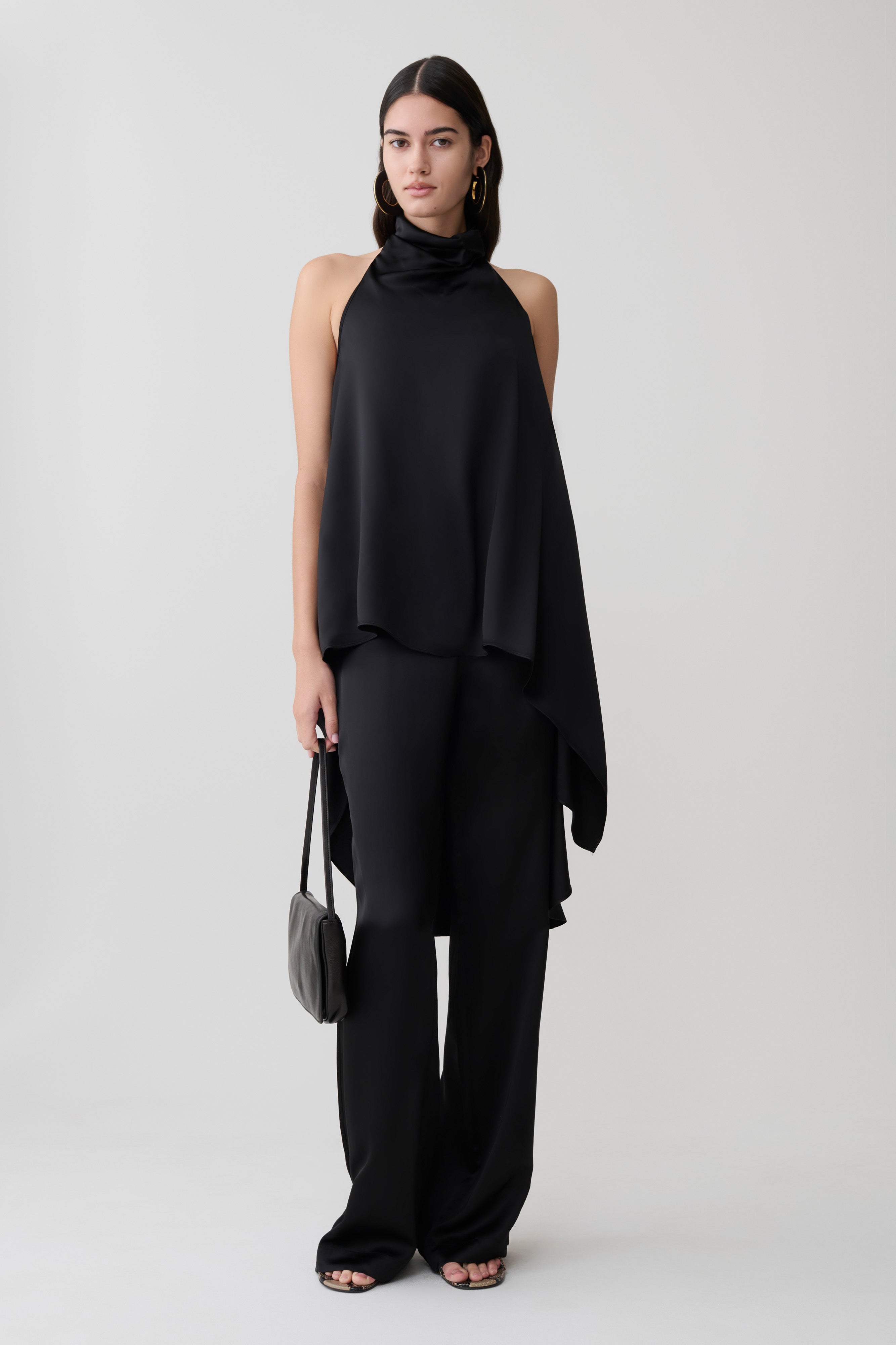 Sydney Asymmetrical Satin Halter Top - Black